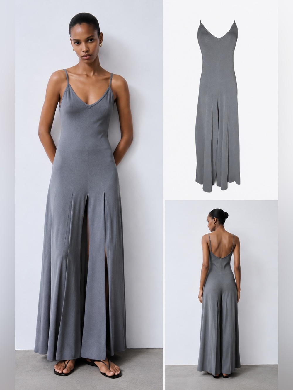 Zara Gray Slate Wide Leg V-Neck Spaghetti Strap Jumpsuit ptp 13”-17” stretch